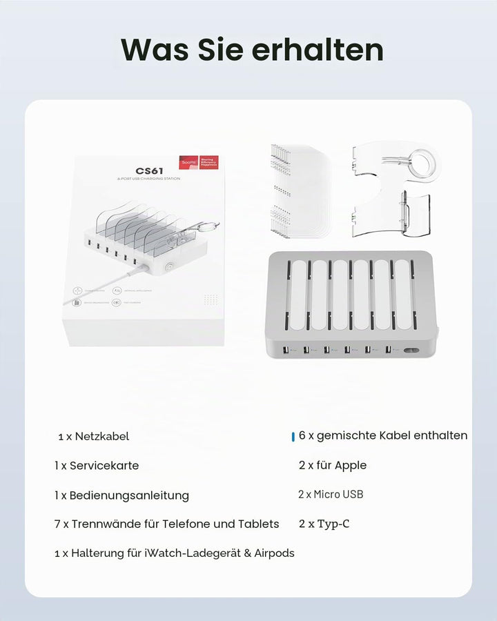 SooPii USB-Ladestation Organizer für mehrere Geräte, 6 Ports 50W Ladestation mit 6 Kabeln und aktual