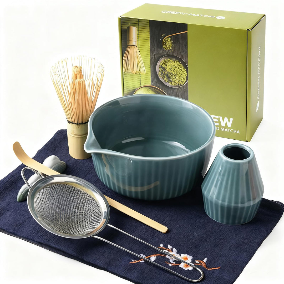 Matcha Set Premium 7-teilig Keramik: Matcha Schale, Bambus Besen (Chasen),Teebesenbasis，Teelöffel, S
