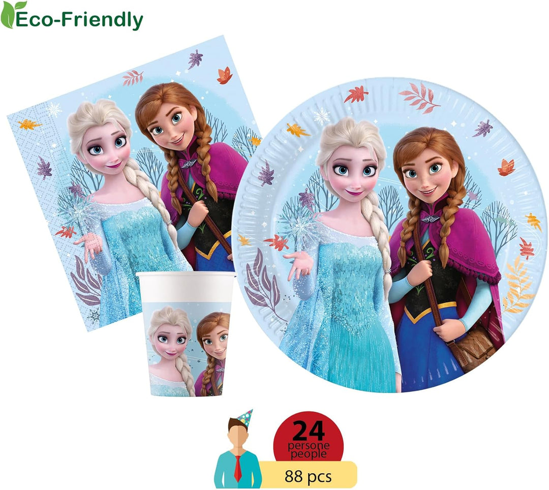 Partygeschirr Party-Set Disney Frozen Idyllic Wonder für 24 Personen (88 pcs: 24 Pappteller Ø23cm, 2