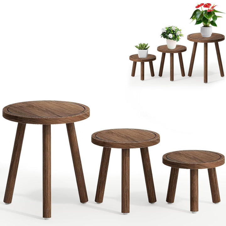 Pflanzenhocker aus Holz im 3er-Set, Dunkelbraun Rustikale Blumenständer in 3 Grössen, Blumenständer