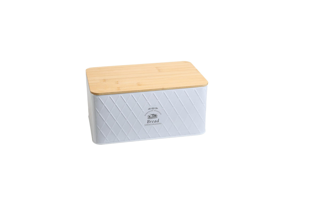 Brotkasten - Rustic Breadvault White, aus Metall mit Bambusdeckel, schöne & rustikale Brotbox mit na