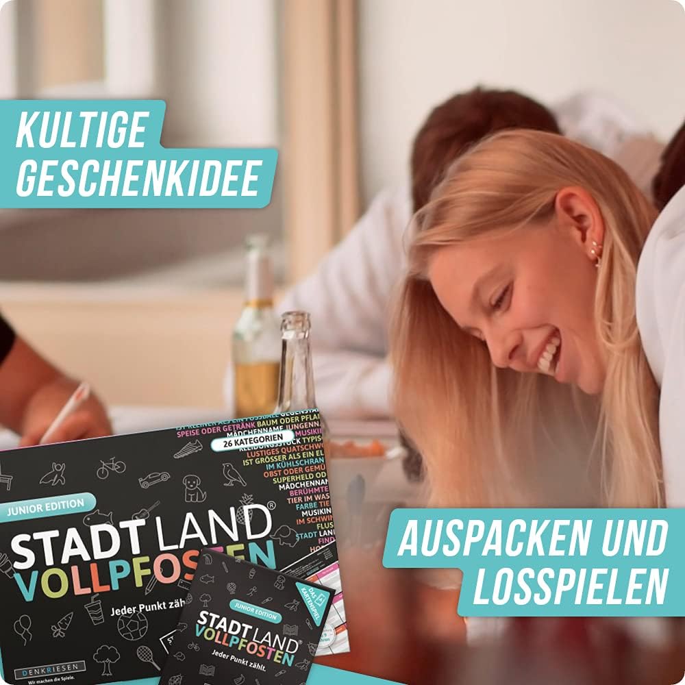 DENKRIESEN Stadt Land VOLLPFOSTEN - JUNIOR-Duo - Das Kartenspiel und der Spielblock - Junior Edition