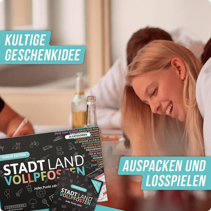 DENKRIESEN Stadt Land VOLLPFOSTEN - JUNIOR-Duo - Das Kartenspiel und der Spielblock - Junior Edition
