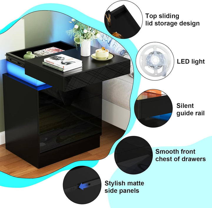 Lvhcmfohm Nachttisch Schwarz 2er Set, Nachtschrank mit Led Licht, Nachtkommode mit 3 Schubladen und