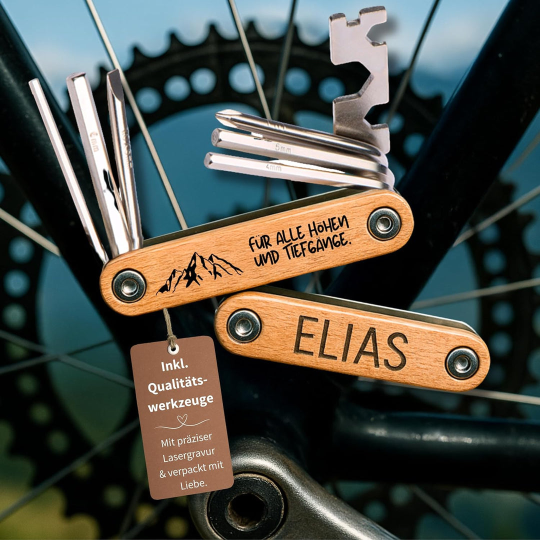 Happy Box® 9in1 Personalisiertes Fahrrad-Multitool aus Buchenholz – Graviertes Werkzeug für Papa zum