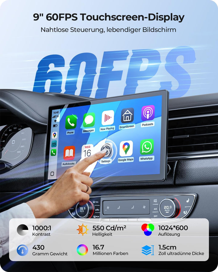 9" Drahtloses Tragbares 60FPS Car Play Display für Apple CarPlay & Android Auto, Magnetische Halteru
