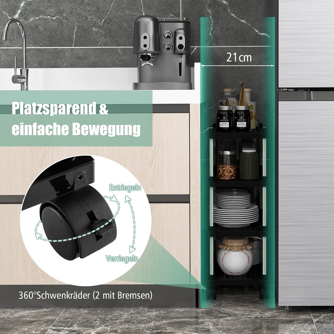 COSTWAY Rollwagen mit 4 Ebenen, Nischenregal mit Rollen und seitlichen Haken, Allzweckwagen, Küchenw