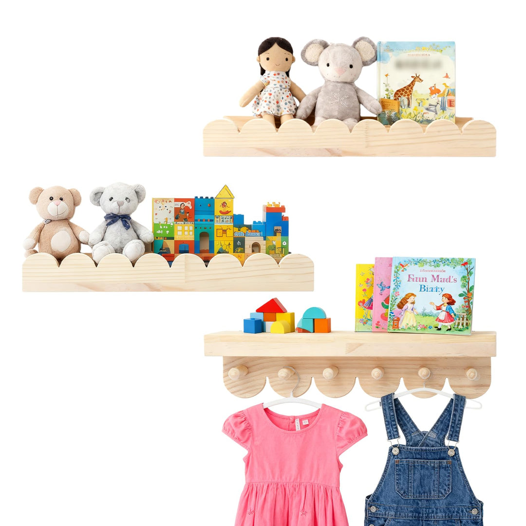 Wandregal Holz Kinderzimmer, 3PCS Bücherregal Kinder Wand mit Holzhaken,Schweberegal ideal für Büche