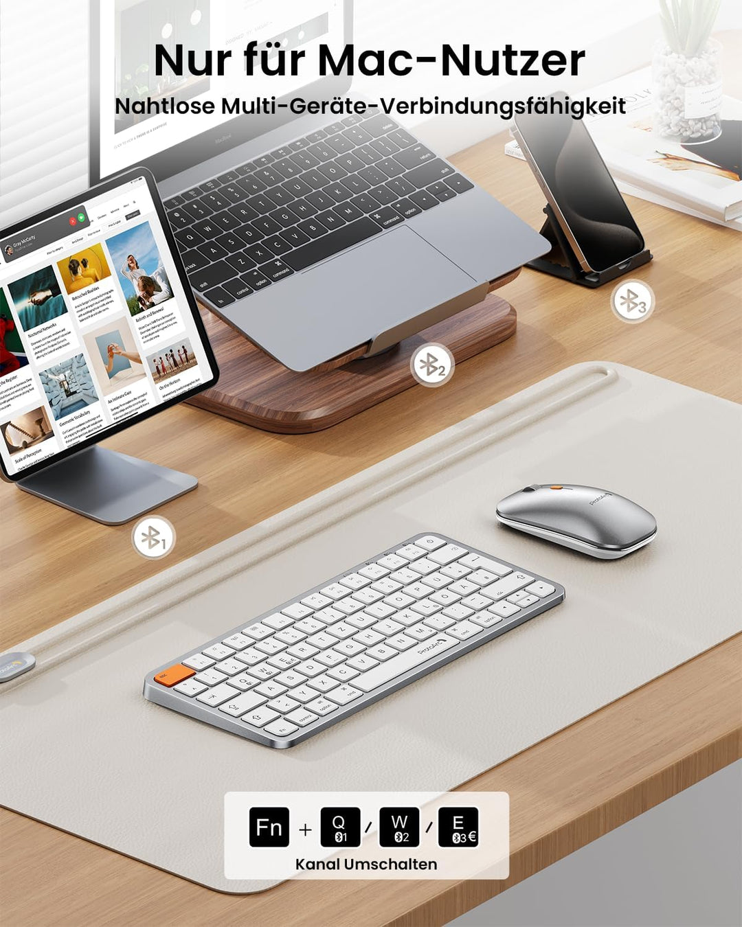 ProtoArc Beleuchtete Kompakte Bluetooth-Tastatur und Maus für Mac, KM90-A Mehrgeräte Kabellose QWERT