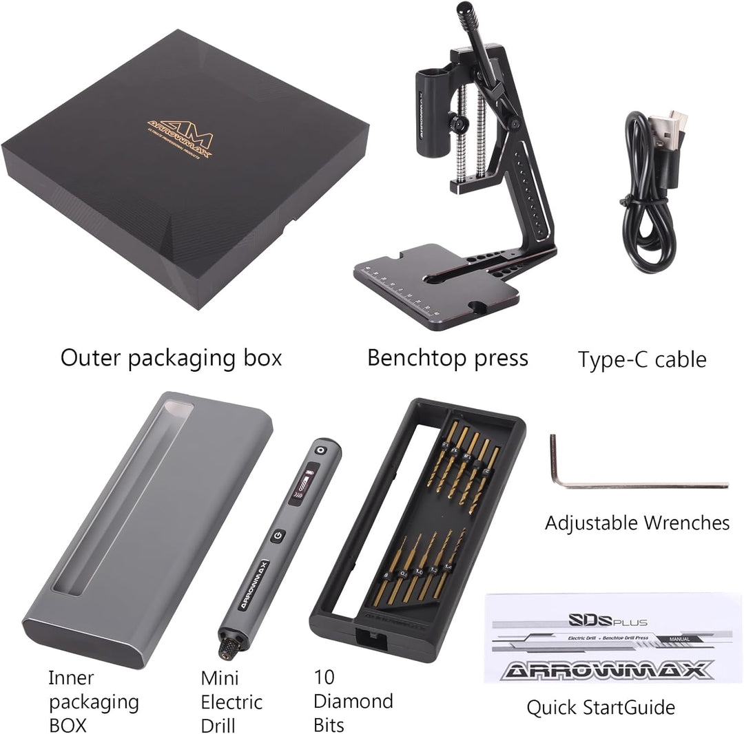 ARROWMAX 5-Gang-Mini-Bohrstift mit Tischpresse, 10 kleine Bits mit Aluminiumbox, LED-Leuchten, OLED-