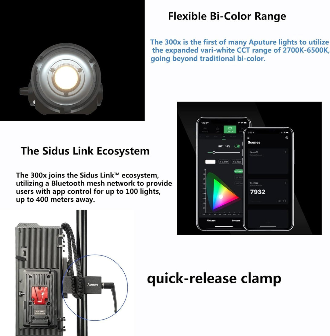Aputure 300X (V-Mount) LED Video Licht,Bi-Farbe 2700–6500K,Sidus Link App,Eingebaute Beleuchtungseff