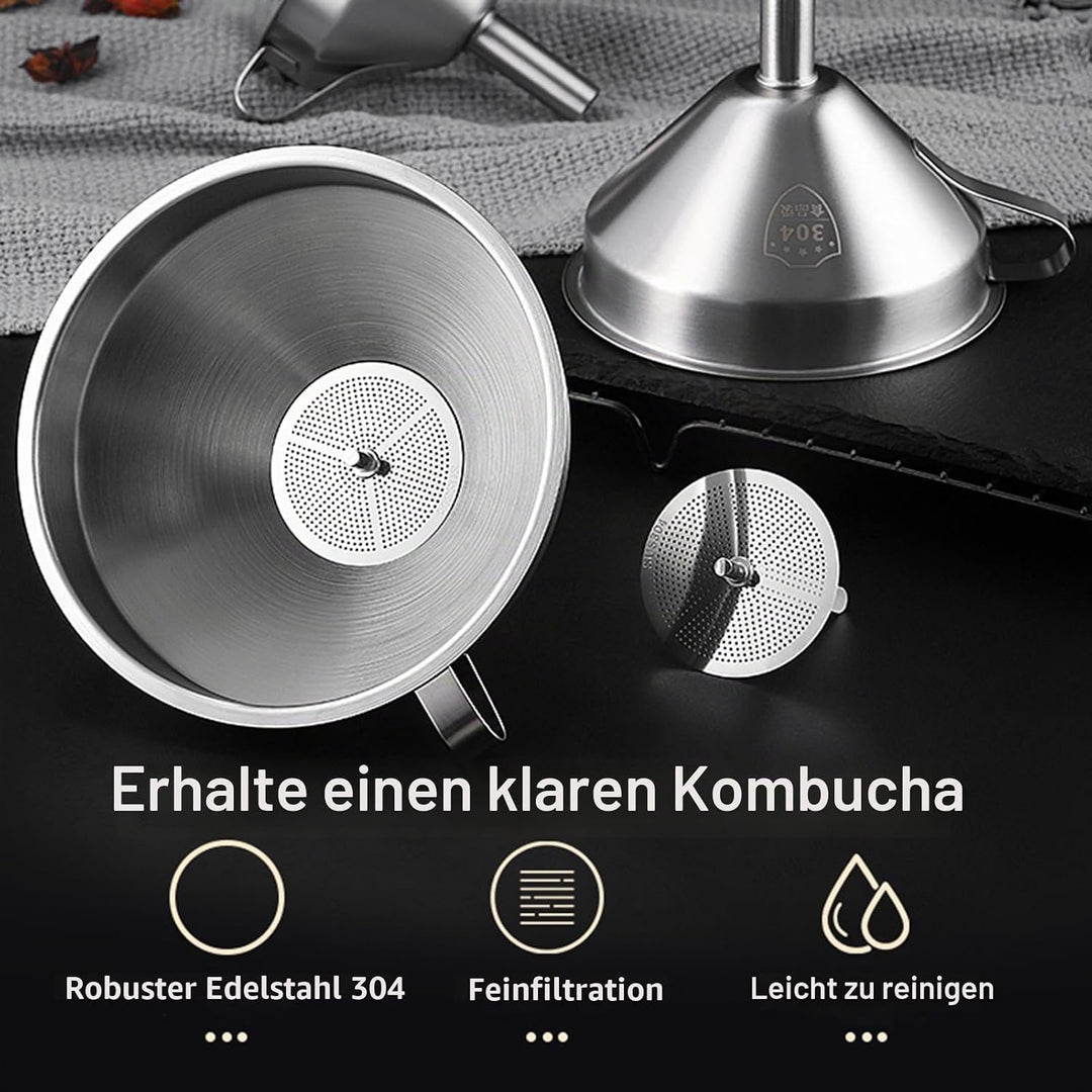 Kombucha Brauset mit 5,5L Glasfermenter &amp; Hahn – Komplett-Set mit Edelstahl-Trichter, Tuch, Temperat