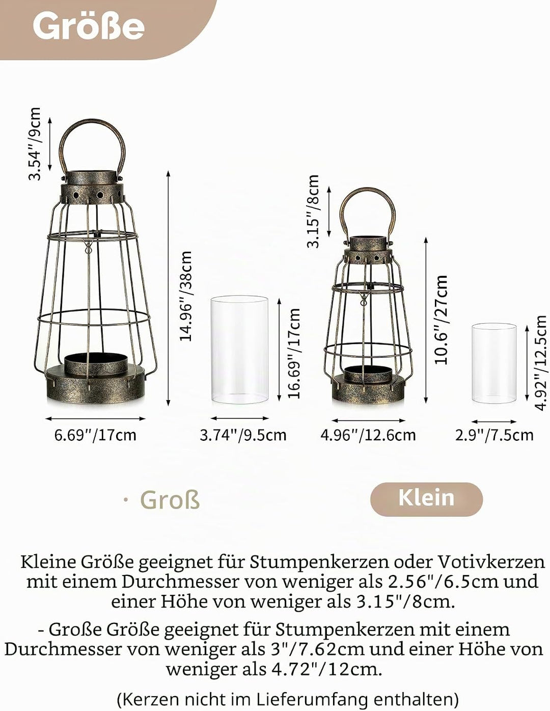 NUPTIO Vintage Kerzenlaternen Dekorativ mit Griff Rustikale Tragbare Säule Kerzenhalter mit Glas Sch