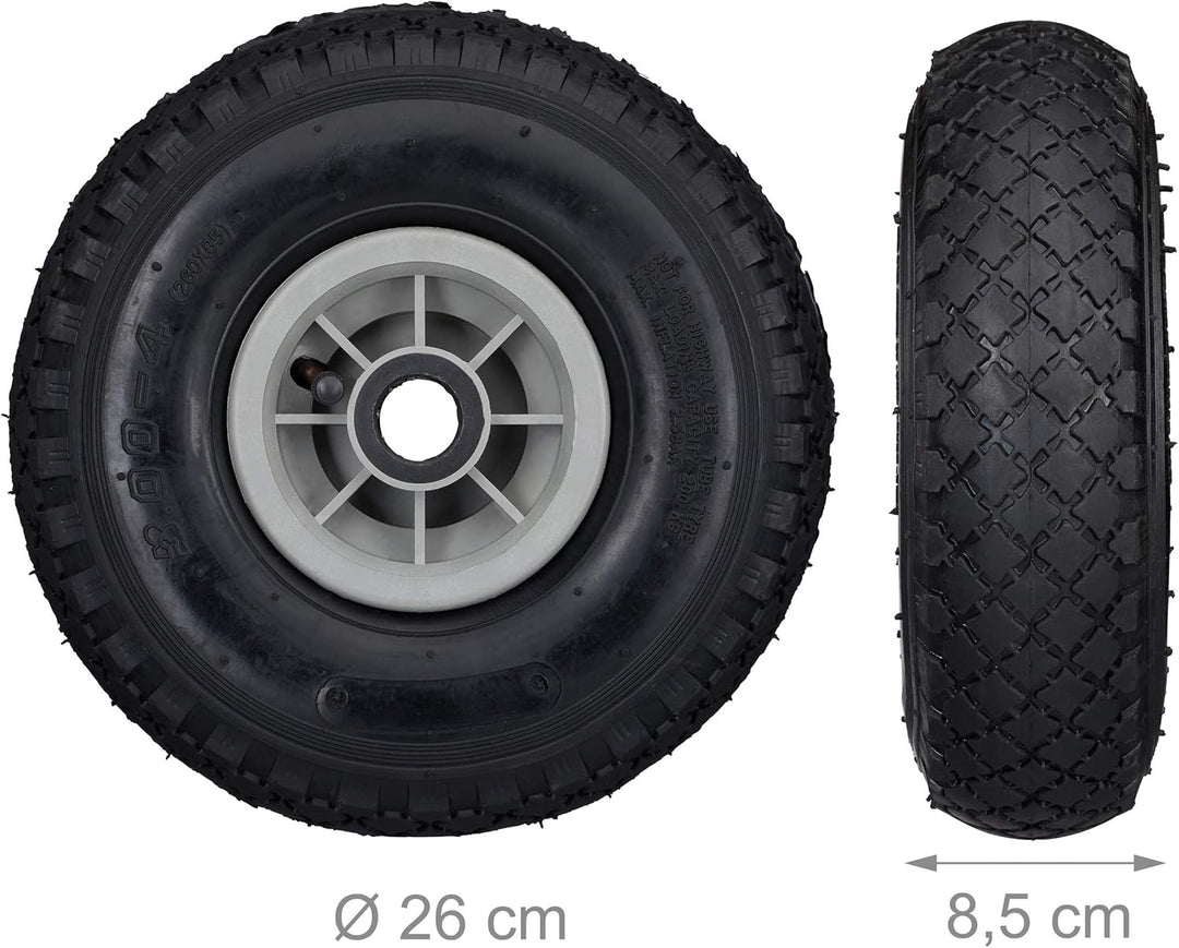 4 x Sackkarrenrad, 3.00-4, luftbereift, Ersatzrad Kunststofffelge, 260x85 mm, Ø Achse 25mm, Komplett