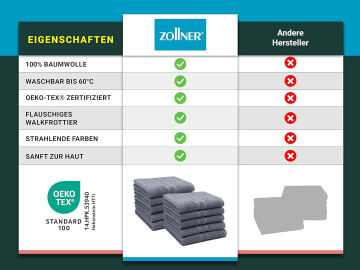 ZOLLNER 10er Set Handtücher, kleine Duschtücher, 50x100 cm, Baumwolle, grau Grau 10er set, Grau 10er