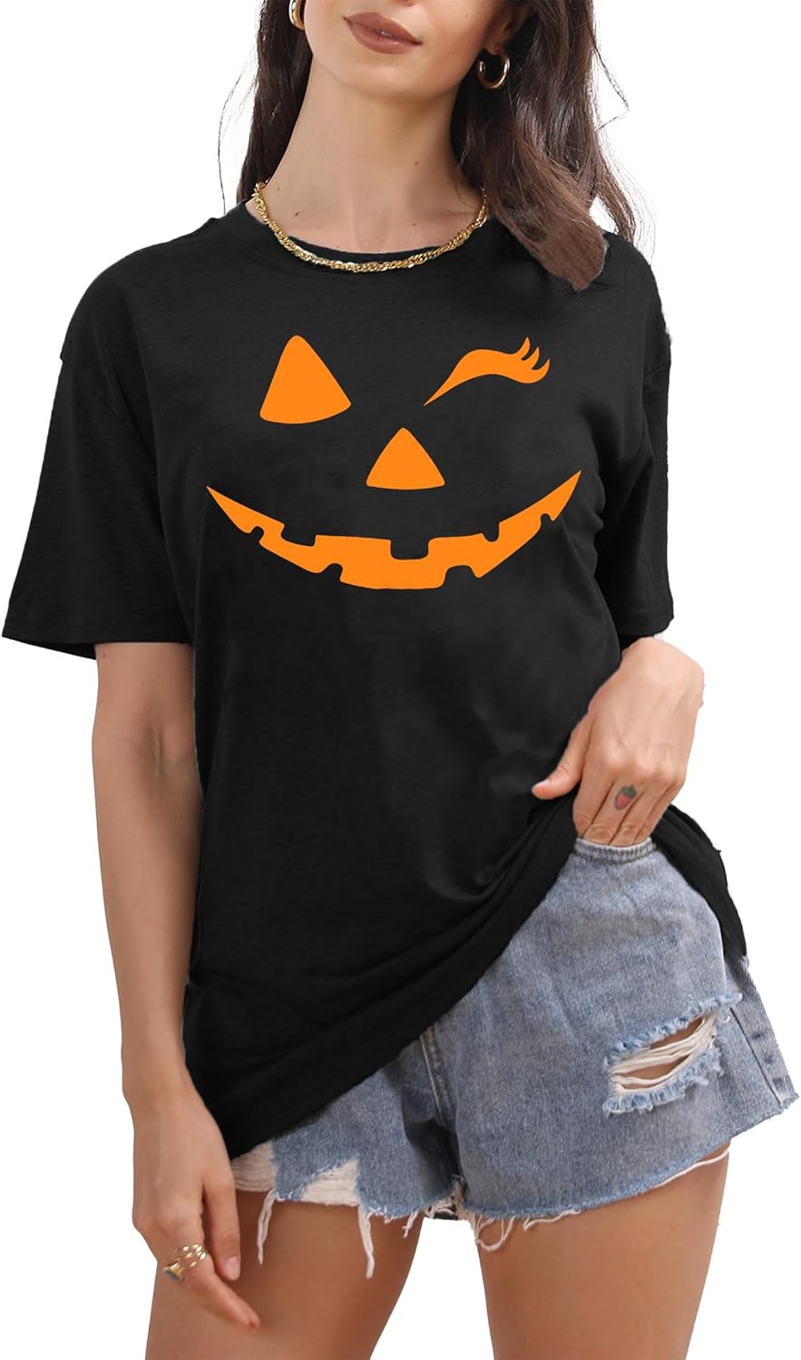 Damen Halloween KüRbisgesicht T-Shirt Frauen KüRbis Shirt Herbst Karneval Shirts M Schwarz, M Schwar