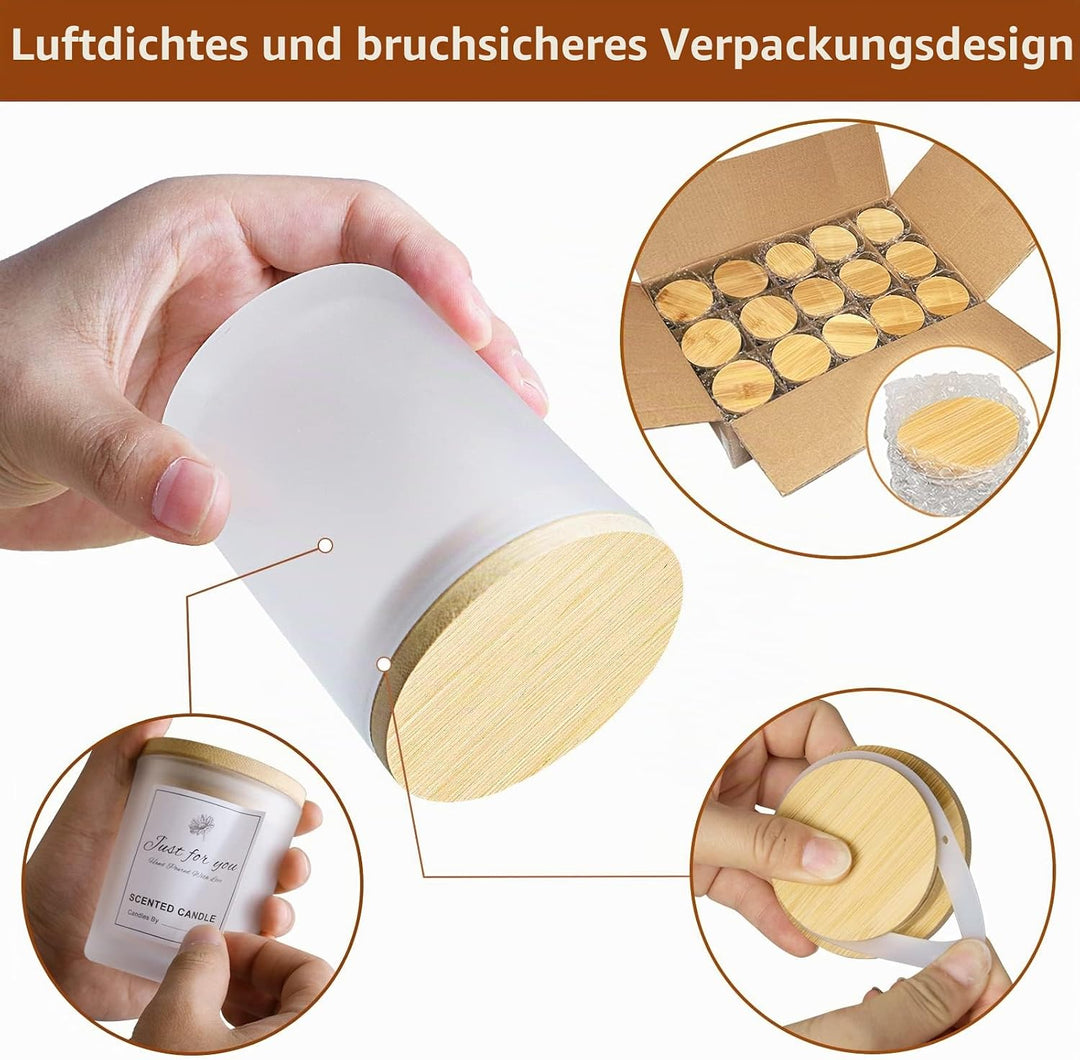 CONNOO 15 Stück 200 ml Milch Glas-Kerzengläser für die Herstellung von Kerzen mit luftdichten Bambus