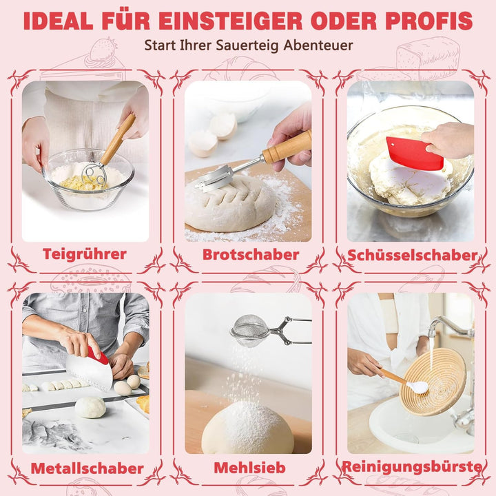 Sauerteig Starter Set, Gärkorb Brot Set mit 2 Gärkörbchen (23cm Runde & 25cm Ovale), Rattan, 1000ml