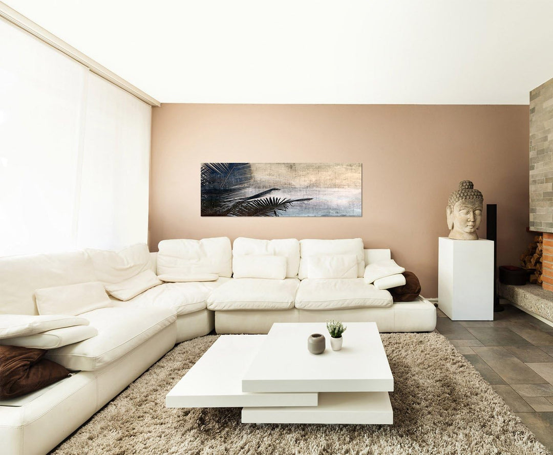 Paul Sinus Art Panoramabild auf Leinwand und Keilrahmen 120x40cm Palmblatt Meer Grunge