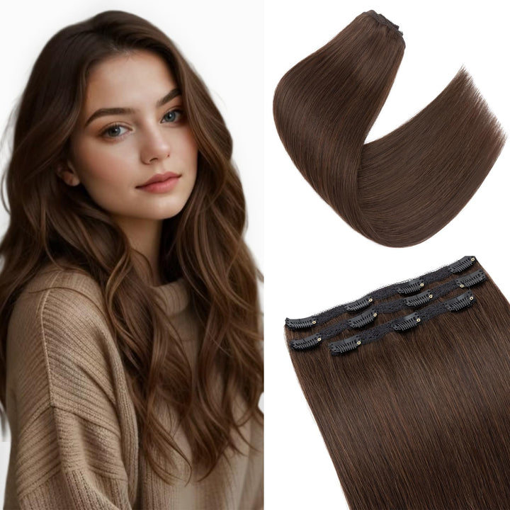 S-noilite Clip in Extensions Echthaar Dunkelbraun 25cm 56g Extensions Clip in Echthaar Haarverlänger