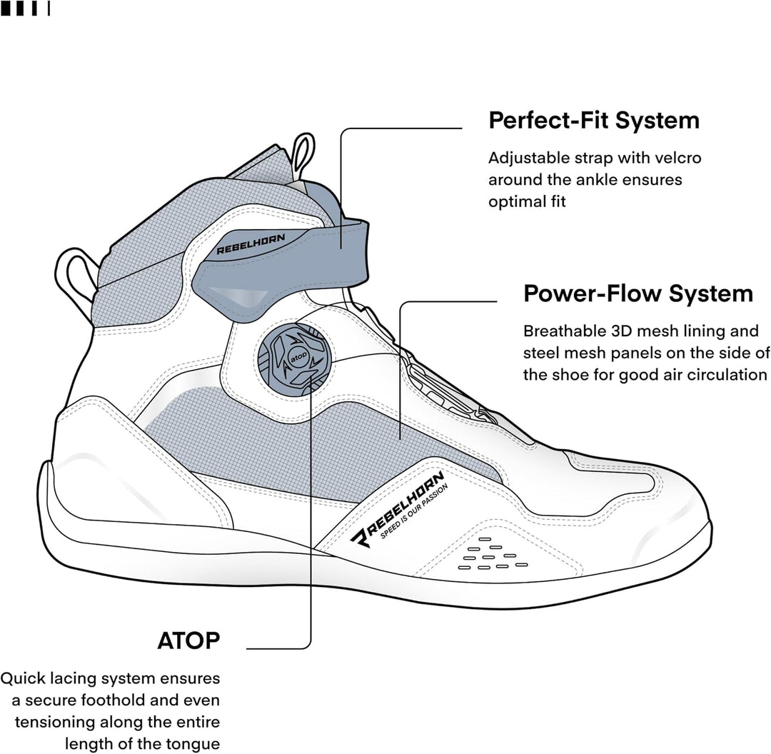 REBELHORN Spark II Motorradstiefel Damen und Herren | PU Leder | ATOP Schnell-Schnürsystem | Knöchel