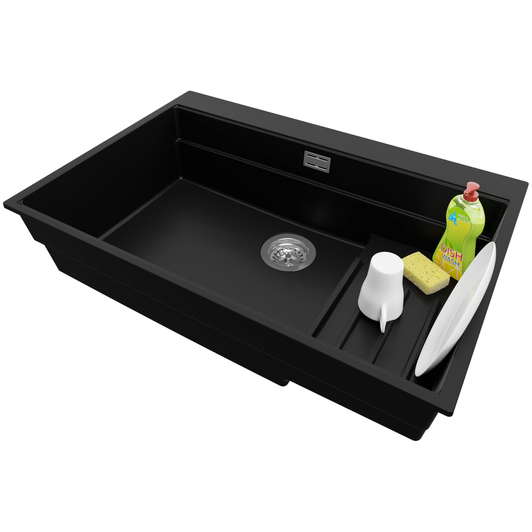 PRIMAGRAN Spülbecken Schwarz 78x53cm, Granitspüle 1 Becken + Ablauf-Set, Küchenspüle ab 80er Untersc