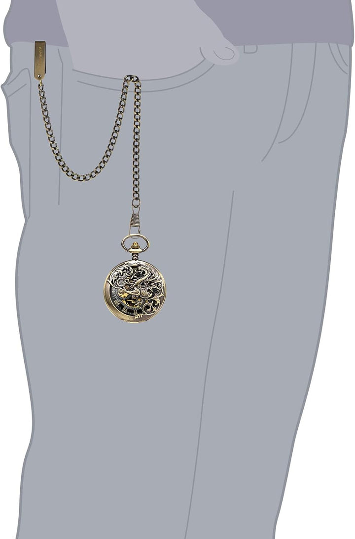 TREEWETO Unisex Taschenuhr mit Kette Analog Handaufzug Doppelscharnier Antik Drache Skelett Bronze 2