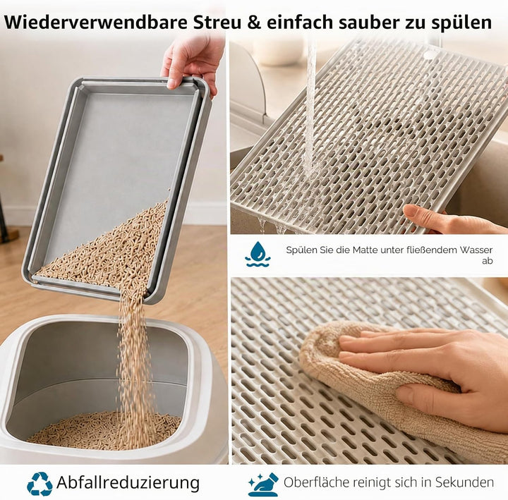 Katzenstreu Rampe mit Filterfunktion - rutschfeste Katzentoilettenstufe mit 4cm Hohe Holzfüsse - Kat