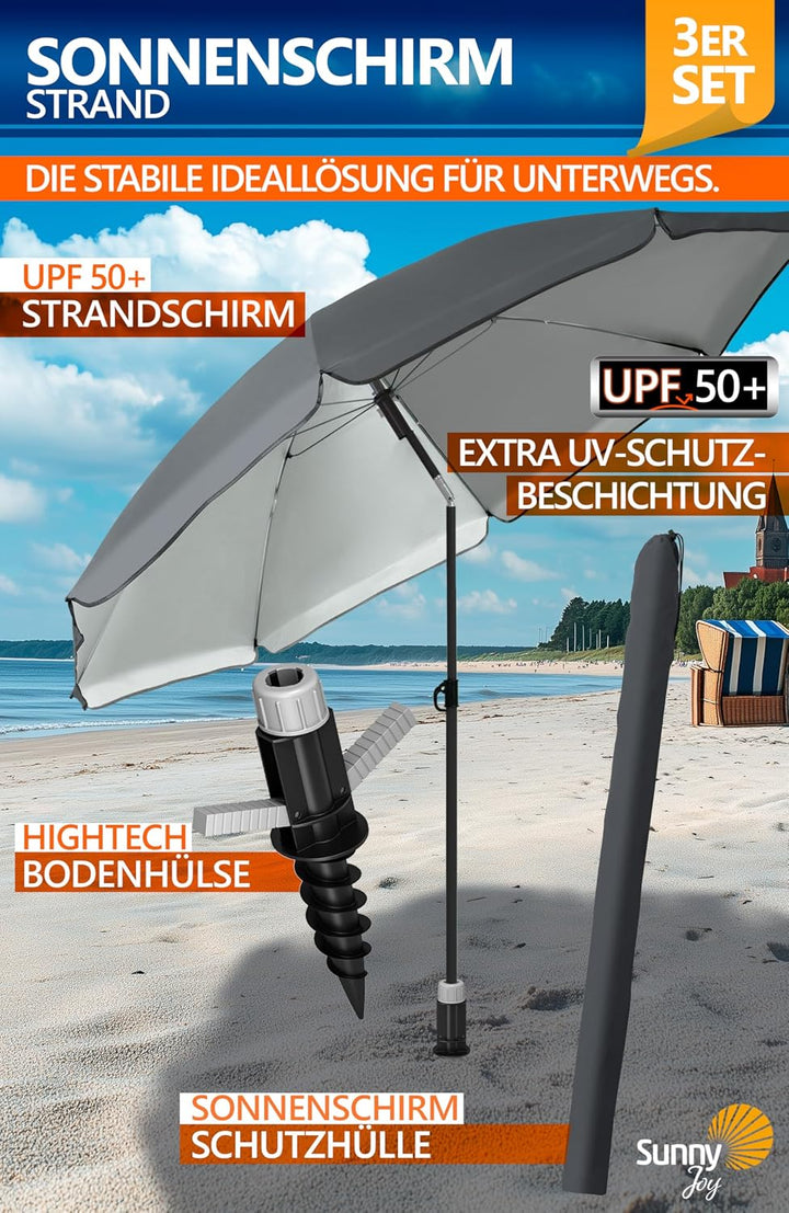 4smile Sonnenschirm Strand SunnyJoy Ø 180 cm, 3-IN-1 Set - UPF 50+ Strandschirm + Sonnenschirm Schut