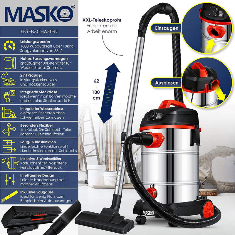 MASKO® Industriestaubsauger 1800Watt Mit Steckdose Blasfunktion | Mehrzwecksauger Trocken-Saugen & N