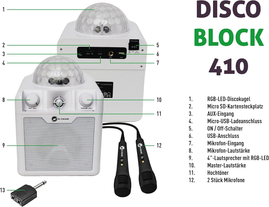 N-Gear DISCO410 Karaoke & Party Bluetooth Lautsprecher mit Discokugel, Mikrofon und Power Bank Funkt