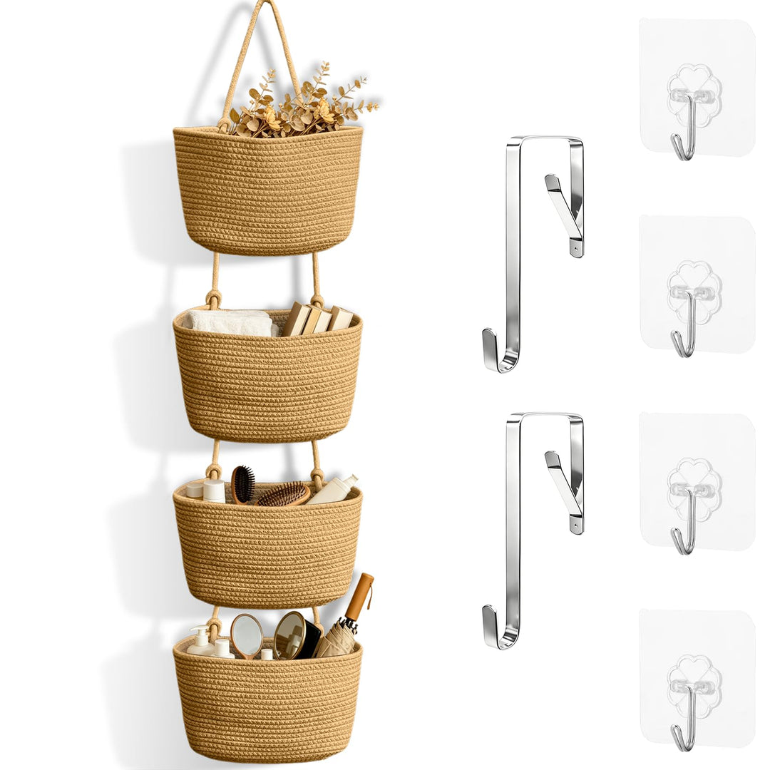 Tür Organizer hängend 4-stöckig, Khaki | Hängekorb aus Baumwollseil, Mit 4 Haken ohne Bohren, 2 vers