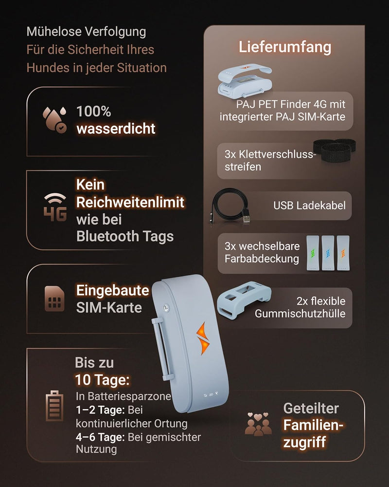PAJ GPS Tracker für Hunde - 4G - Weglaufalarme + weltweite Live-Ortung - bis zu 10 Tage Akkusparmodu