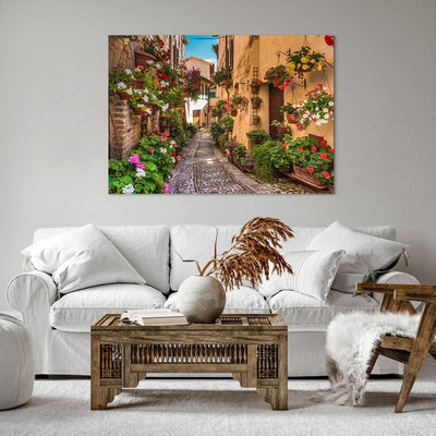 ARTTOR Bilder auf Leinwand 100x70cm Leinwandbild Path Blumen Haus Hof Gross Wanddeko Bild Schlafzimm