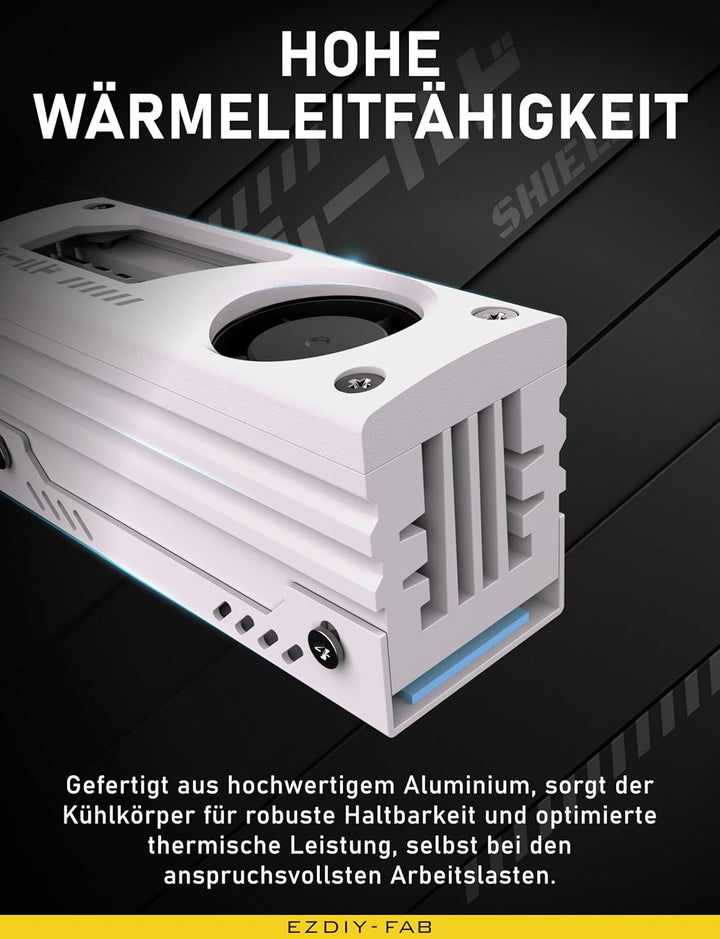 EZDIY-FAB Shield M.2 SSD-Kühlkörper mit eingebautem 20mm PWM-Lüfter, Premium-Aluminium-Design, Hochl