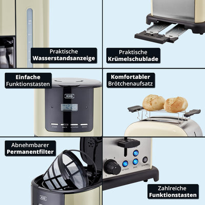 KHG Retro Frühstücksset | Toaster 2 Scheiben mit Brötchenaufsatz, 7 Bräunungsstufen 850W | Wasserkoc