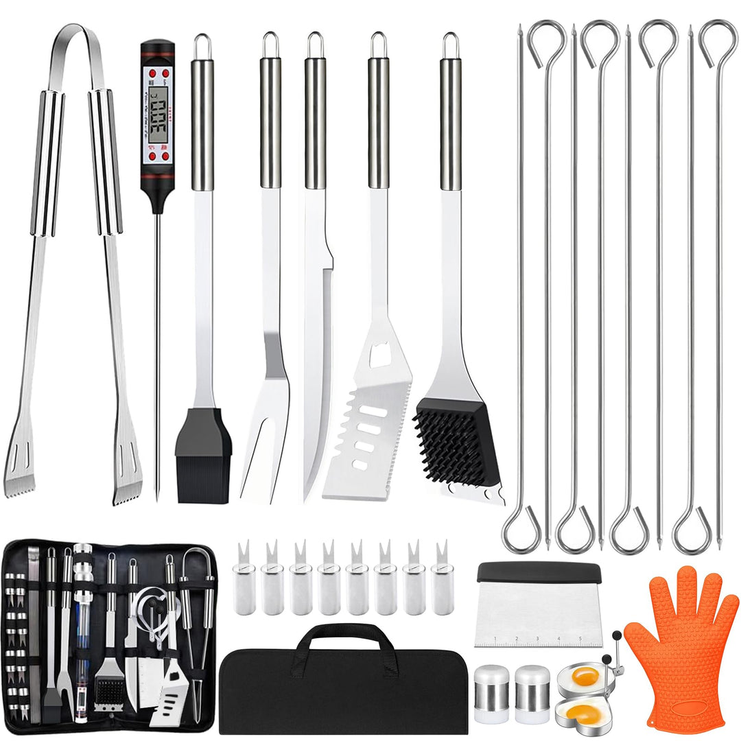 BBQ Grillbesteck Set 30 Grillzubehör aus Hochwertiger Edelstahl Grillzange Grillspachtel Korkenziehe