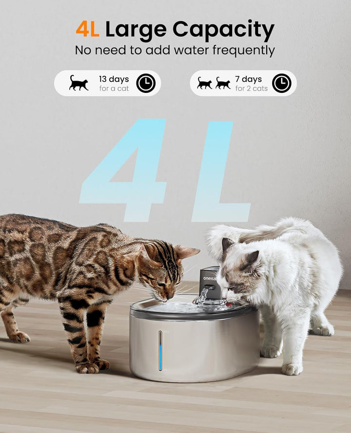 oneisall 4L Trinkbrunnen für Katze Kabellos Edelstahl, Katzenbrunnen Kabellos mit Bewegungsmelder, 6