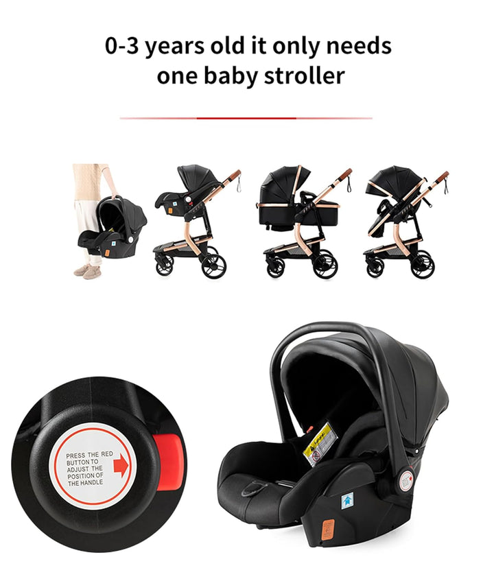 Doraystar PU-Leder Kinderwagen 3 in 1, Kombikinderwagen 3 in 1 mit Zwei Umkehrbaren Schiebemodi, Kin