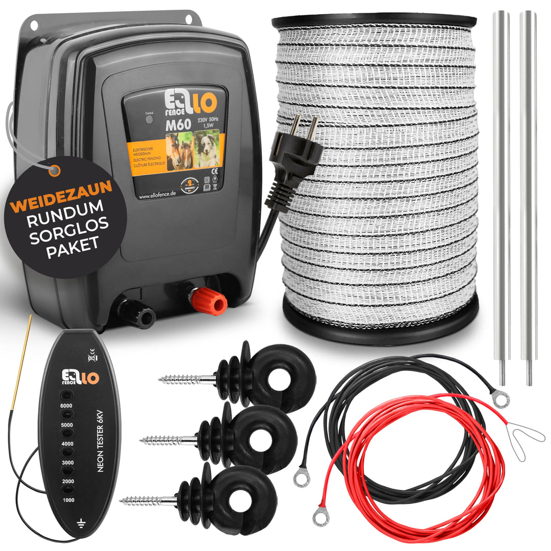 Ellofence Hobby Weidezaun Starterset Weidezaungerät, Weidezaunband 200m, Erdpfahl, Isolatoren, Teste
