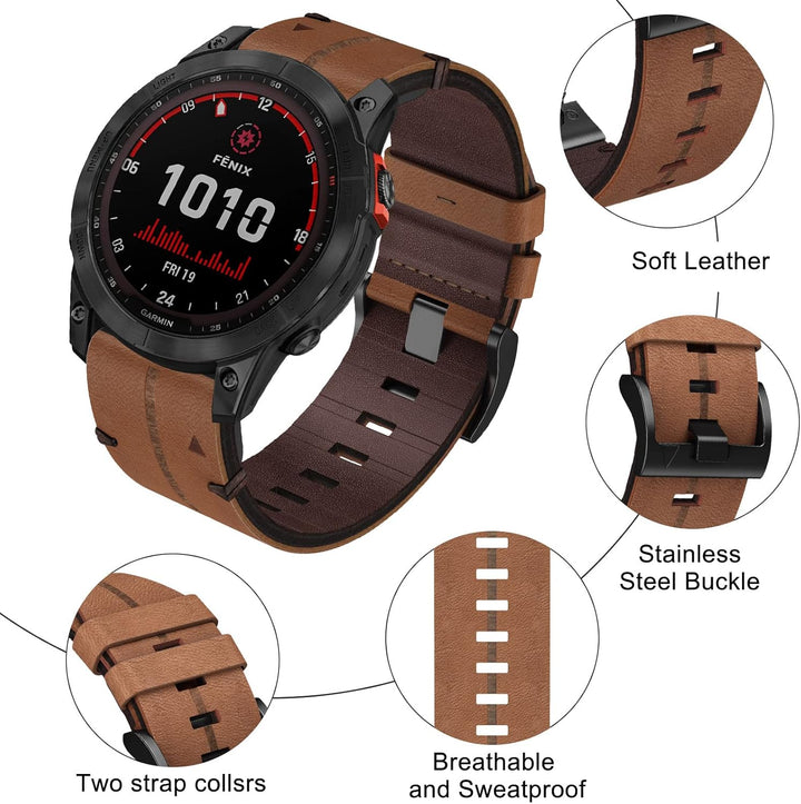 Leder Armband für Garmin Fenix 7X, 26mm Echte Leder Ersatzarmband Quick-Fit Uhrenarmband für Garmin