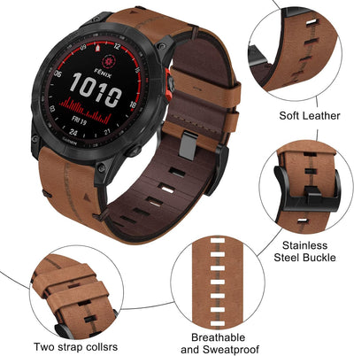 Leder Armband für Garmin Fenix 7X, 26mm Echte Leder Ersatzarmband Quick-Fit Uhrenarmband für Garmin