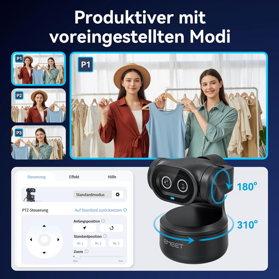 EMEET PIXY Dual-Kamera KI-gestützte PTZ-Kamera 4K, KI-Tracking, 0,2 s Schneller Fokus, mit Sony-Sens