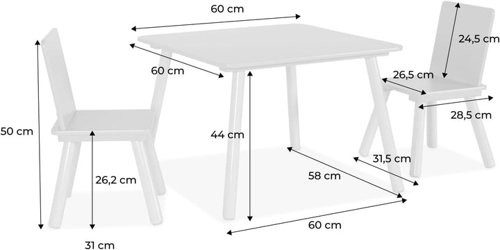 sweeek - Quadratischer Kindertisch mit 2 Stühlen, Beine aus Kiefernholz - Judith Weiss, Weiss