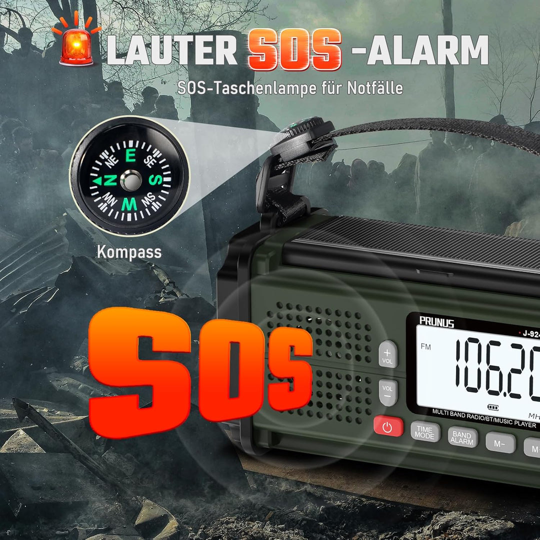 PRUNUS J-924S AM/FM/SW Kurbelradio Notfall Weltempfänger, Notfallradio mit 10000mAh Akku, Solar Radi
