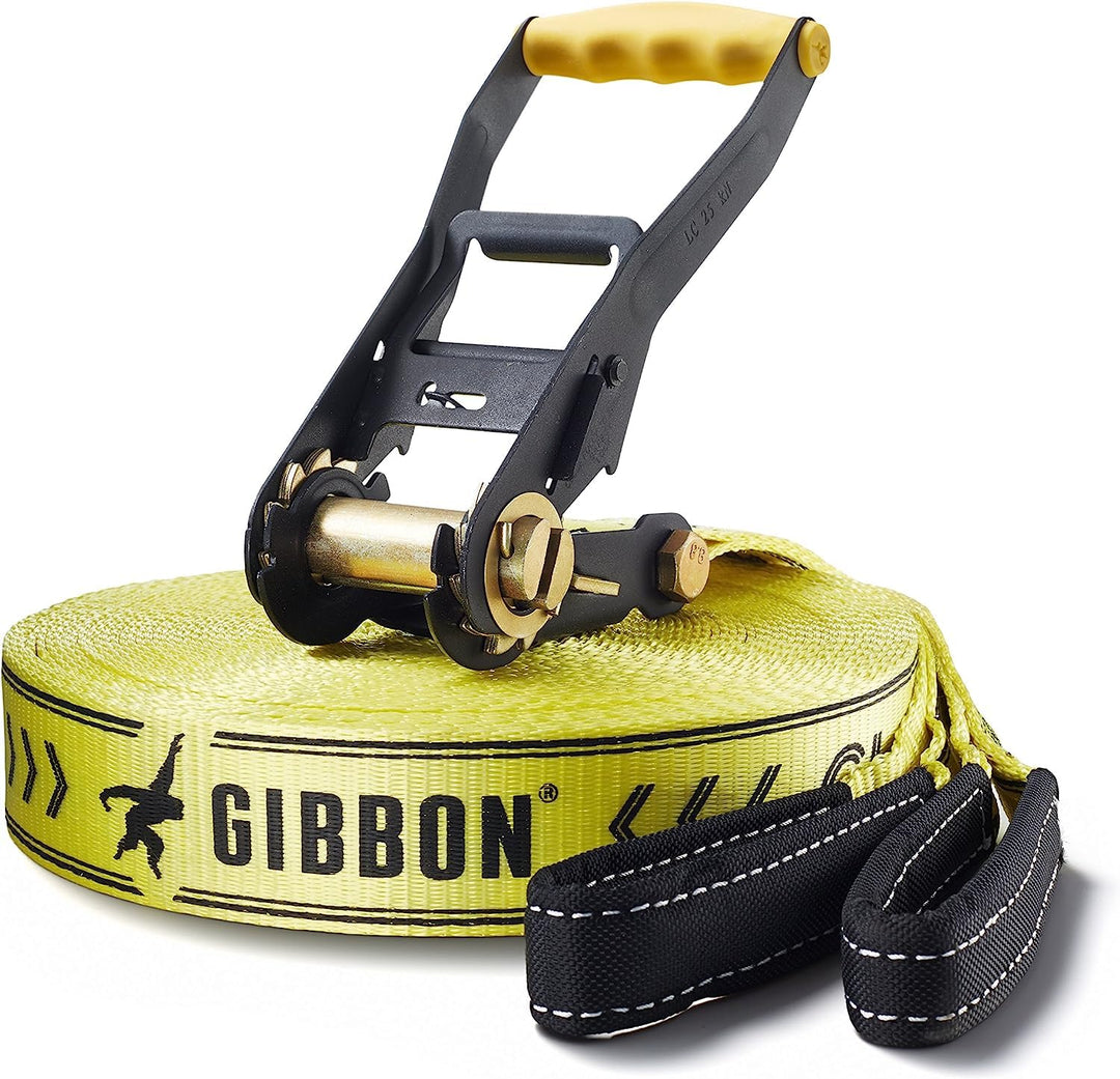 Gibbon Slacklines Classic Original Komplett-Set | 25m | TÜV Geprüft | Balance und Spass mit Trampoli