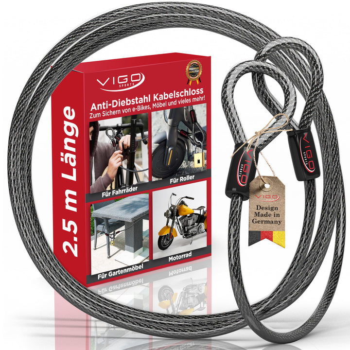VIGO SPORTS® Panzer Stahlseil mit Ösen [2,5m] I 10mm starkes Kabelschloss zum Schutz deines Fahrrad,