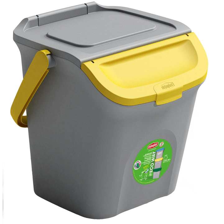 Hummelladen Stapelbarer Müllsortierer 28 Liter Grau mit Gelbem Faltdeckel 39x37x41 cm Mülleimer Müll