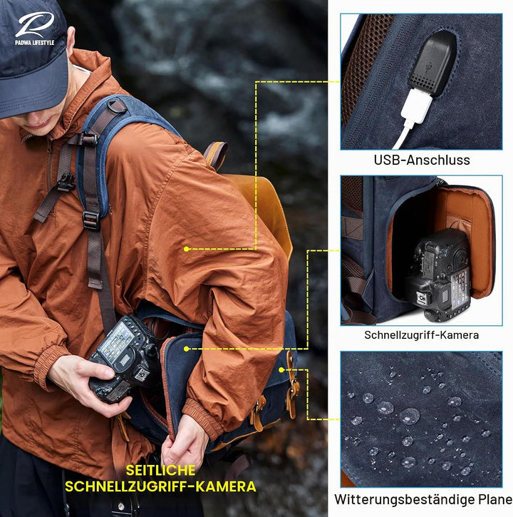 Padwa Lifestyle Blau Kamerarucksack - wetterfeste Kameratasche aus gewachstem Memory Canvas mit 16“