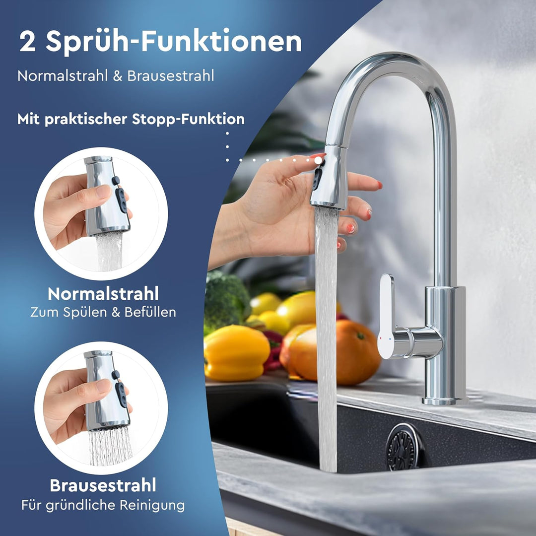 Küchenarmatur – 360° Wasserhahn Küche mit ausziehbarer Brause, Edelstahl Spültischarmatur Hochdruck,